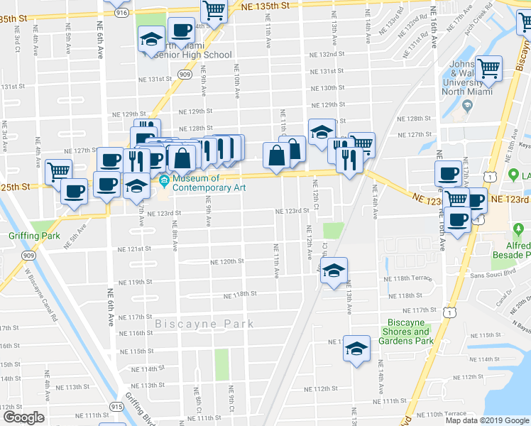 map of restaurants, bars, coffee shops, grocery stores, and more near 1070 Northeast 123rd Street in North Miami