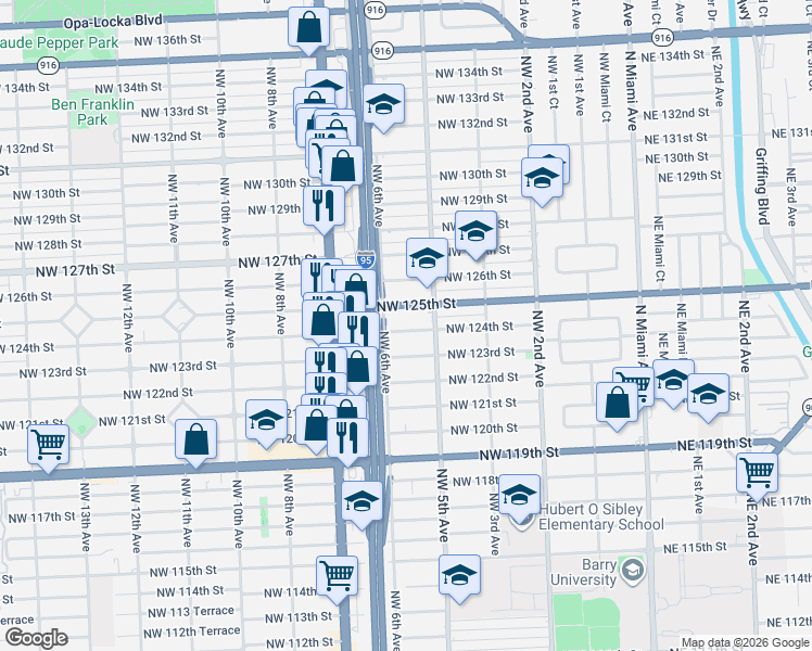 map of restaurants, bars, coffee shops, grocery stores, and more near 555 Northwest 124th Street in North Miami