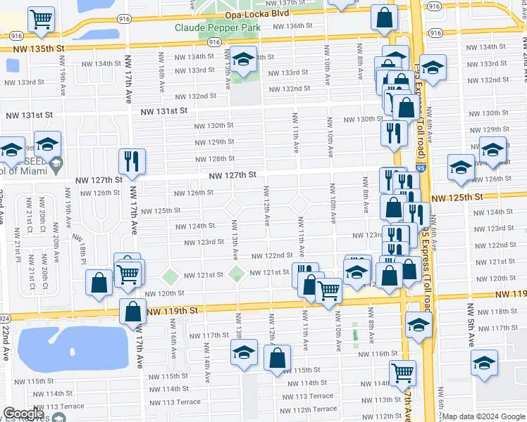 map of restaurants, bars, coffee shops, grocery stores, and more near 1180 Northwest 125th Street in North Miami