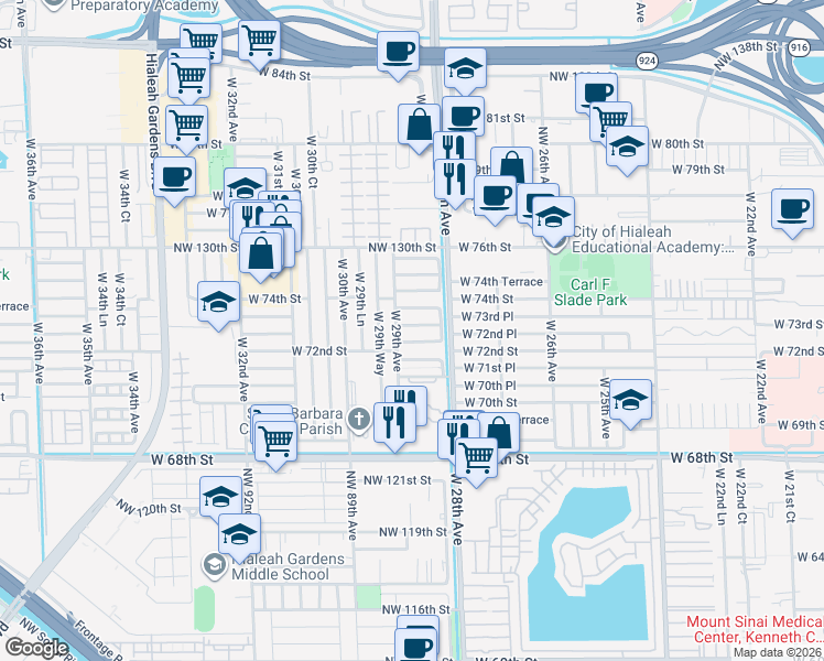 map of restaurants, bars, coffee shops, grocery stores, and more near 2883 West 72nd Terrace in Hialeah