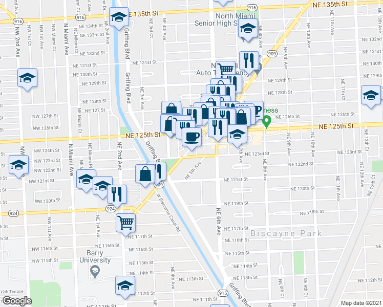 map of restaurants, bars, coffee shops, grocery stores, and more near 475 Northeast 123rd Street in North Miami