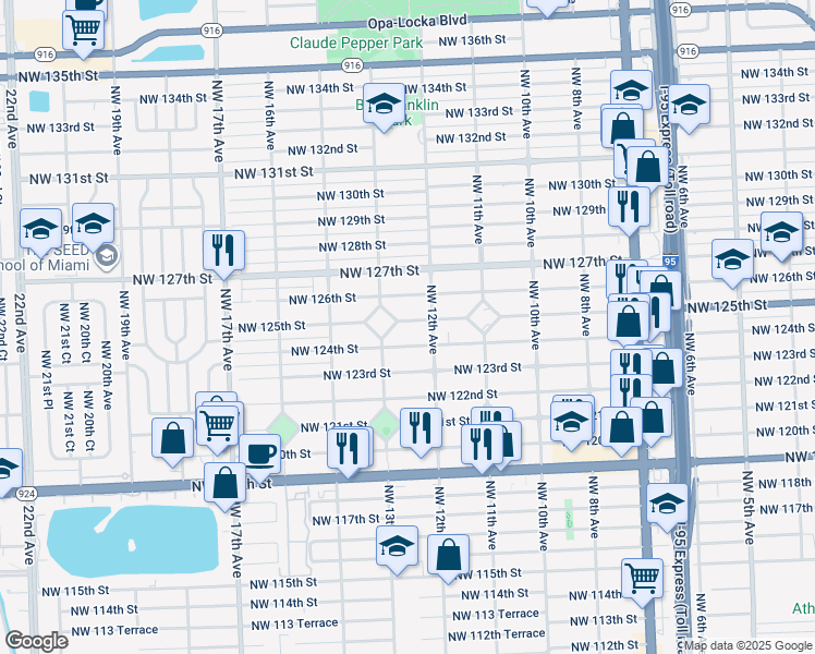 map of restaurants, bars, coffee shops, grocery stores, and more near 1240 Northwest 125th Street in North Miami