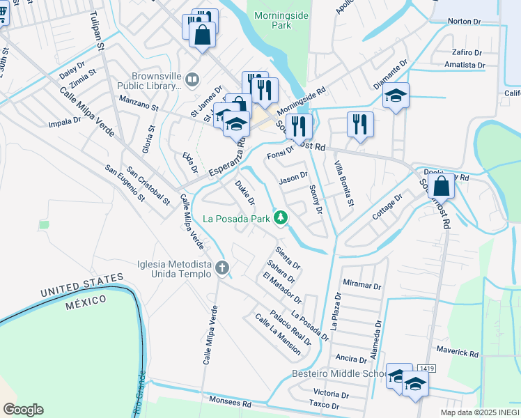map of restaurants, bars, coffee shops, grocery stores, and more near 1253 Dukie Drive in Brownsville