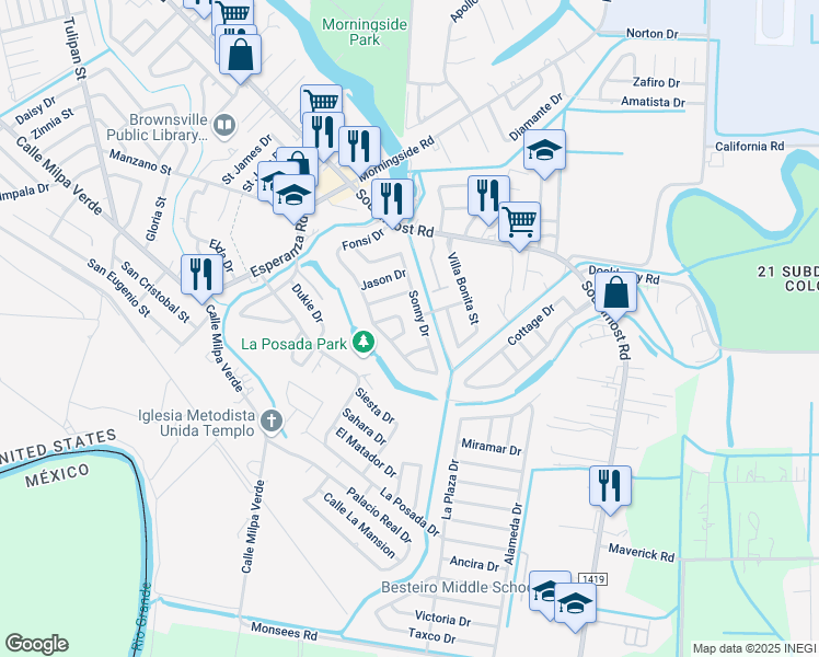 map of restaurants, bars, coffee shops, grocery stores, and more near 5081 Jovan Circle in Brownsville