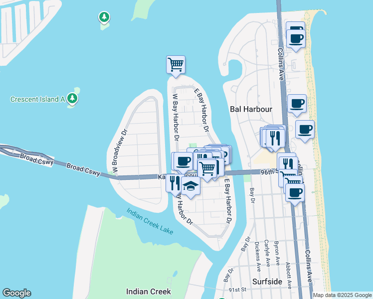 map of restaurants, bars, coffee shops, grocery stores, and more near 1150 98th Street in Bay Harbor Islands