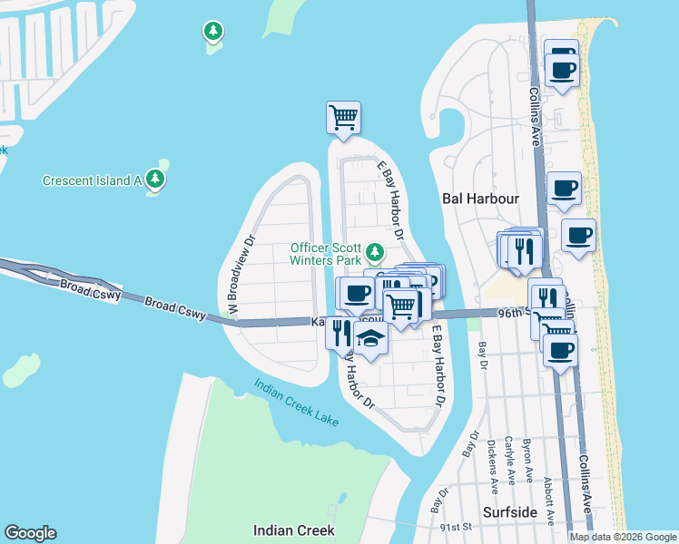 map of restaurants, bars, coffee shops, grocery stores, and more near 1150 98th Street in Bay Harbor Islands