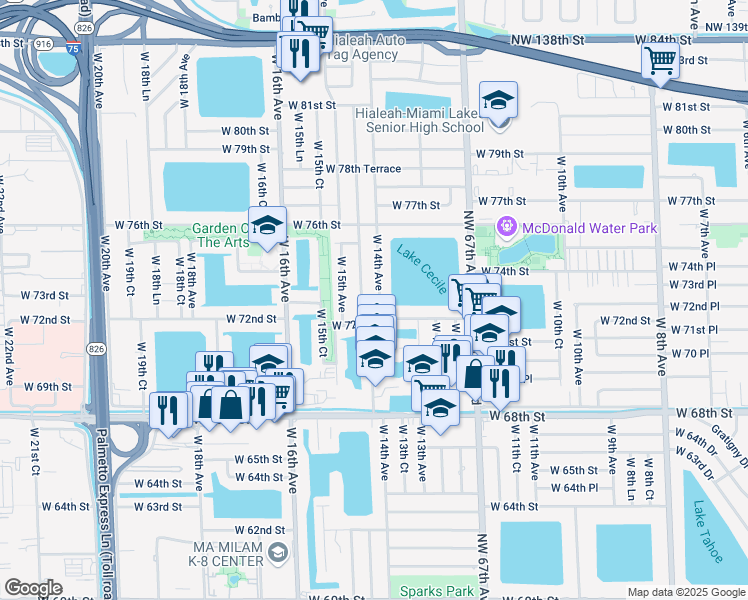 map of restaurants, bars, coffee shops, grocery stores, and more near 7260 West 14th Avenue in Hialeah