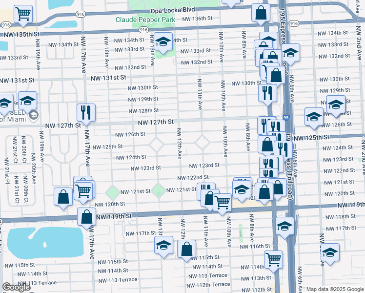 map of restaurants, bars, coffee shops, grocery stores, and more near 1180 Northwest 125th Street in North Miami