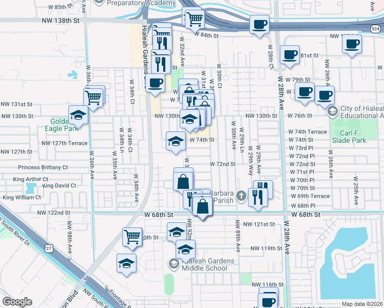 map of restaurants, bars, coffee shops, grocery stores, and more near 3183 West 72nd Terrace in Hialeah