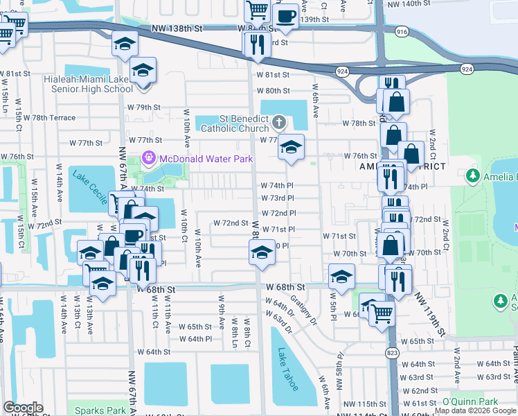 map of restaurants, bars, coffee shops, grocery stores, and more near 795 West 72nd Place in Hialeah