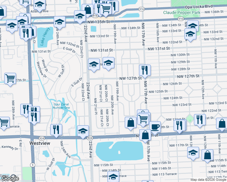 map of restaurants, bars, coffee shops, grocery stores, and more near 12500 Northwest 20th Avenue in North Miami