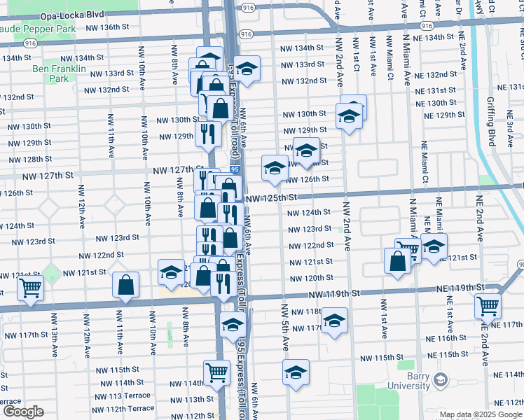 map of restaurants, bars, coffee shops, grocery stores, and more near 555 Northwest 124th Street in North Miami