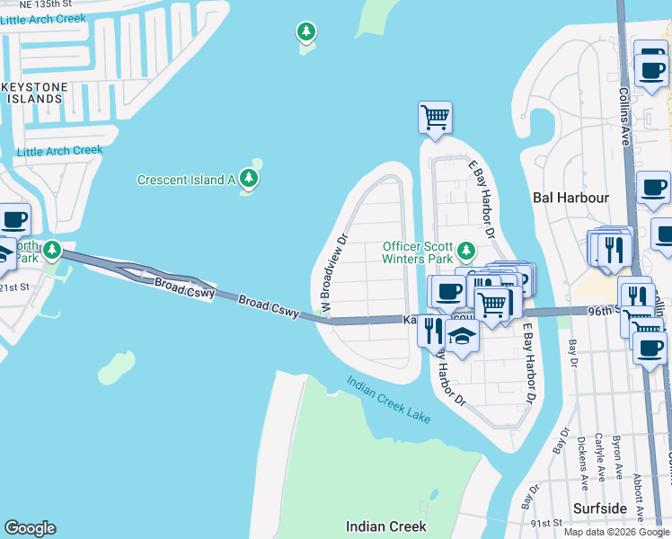 map of restaurants, bars, coffee shops, grocery stores, and more near 9835 West Broadview Drive in Bay Harbor Islands