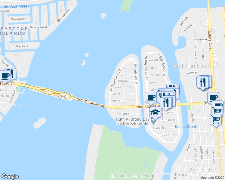 map of restaurants, bars, coffee shops, grocery stores, and more near 9835 West Broadview Drive in Bay Harbor Islands