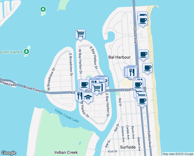 map of restaurants, bars, coffee shops, grocery stores, and more near 9770 East Bay Harbor Drive in Bay Harbor Islands