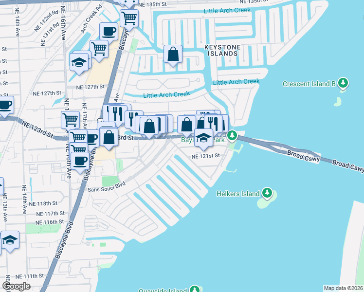 map of restaurants, bars, coffee shops, grocery stores, and more near 2120 Northeast 122nd Street in North Miami