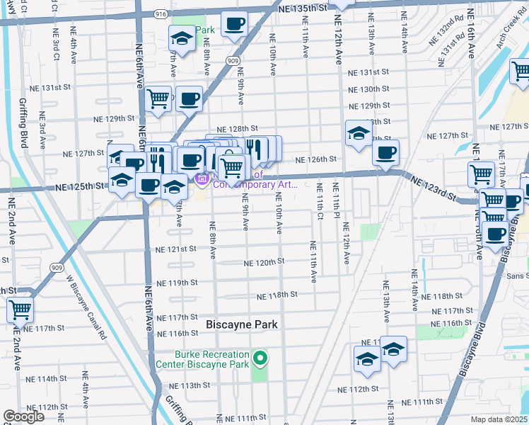 map of restaurants, bars, coffee shops, grocery stores, and more near 930 Northeast 123rd Street in North Miami