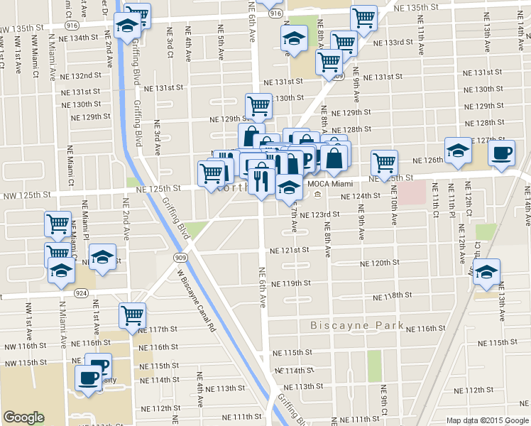 map of restaurants, bars, coffee shops, grocery stores, and more near 652 Northeast 123rd Street in North Miami