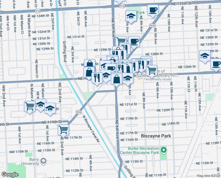 map of restaurants, bars, coffee shops, grocery stores, and more near in North Miami