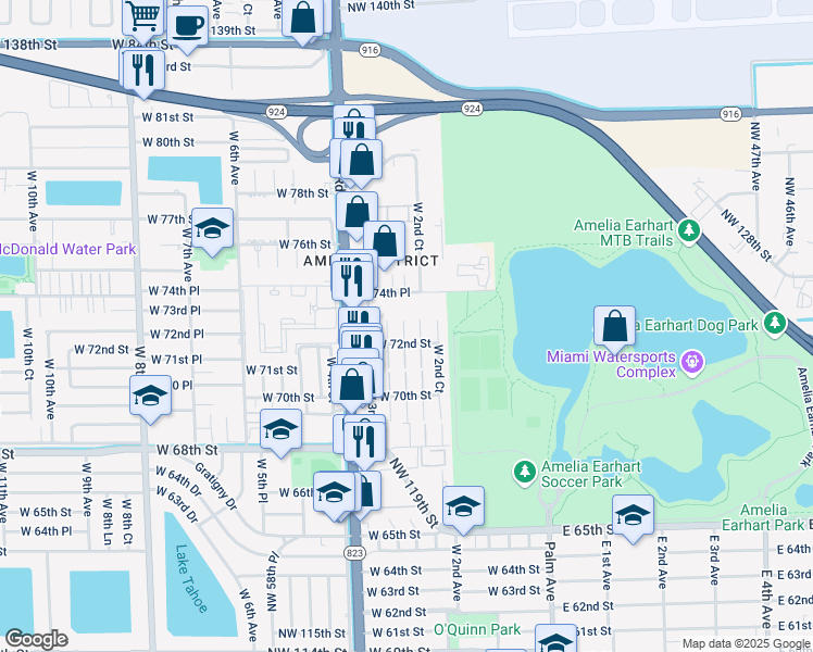 map of restaurants, bars, coffee shops, grocery stores, and more near 7255 West 2nd Way in Hialeah