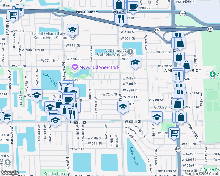map of restaurants, bars, coffee shops, grocery stores, and more near 855 West 72nd Place in Hialeah