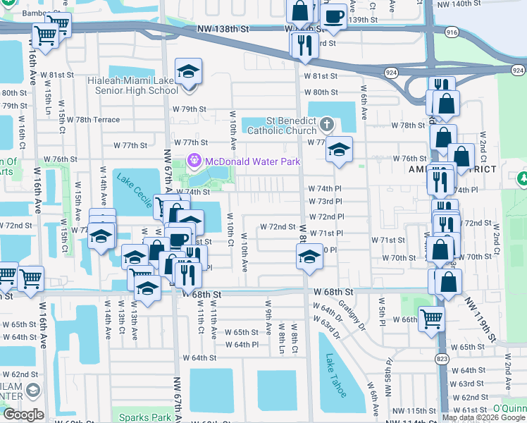 map of restaurants, bars, coffee shops, grocery stores, and more near 935 West 72nd Place in Hialeah