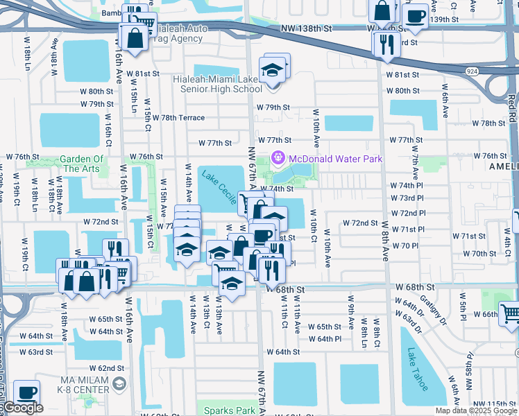 map of restaurants, bars, coffee shops, grocery stores, and more near 7200 West 11th Court in Hialeah