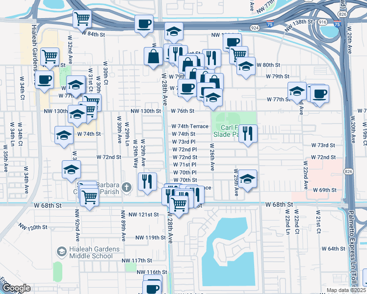 map of restaurants, bars, coffee shops, grocery stores, and more near 2740 West 72nd Place in Hialeah