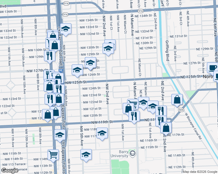 map of restaurants, bars, coffee shops, grocery stores, and more near 12340 Northwest 1st Court in North Miami