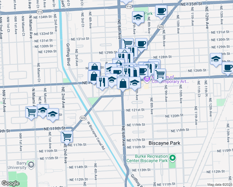 map of restaurants, bars, coffee shops, grocery stores, and more near in North Miami