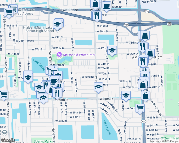 map of restaurants, bars, coffee shops, grocery stores, and more near 855 West 72nd Place in Hialeah