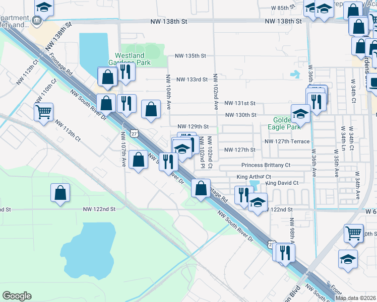 map of restaurants, bars, coffee shops, grocery stores, and more near 10350 Northwest 127th Street in Hialeah