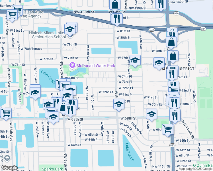 map of restaurants, bars, coffee shops, grocery stores, and more near 855 West 72nd Place in Hialeah