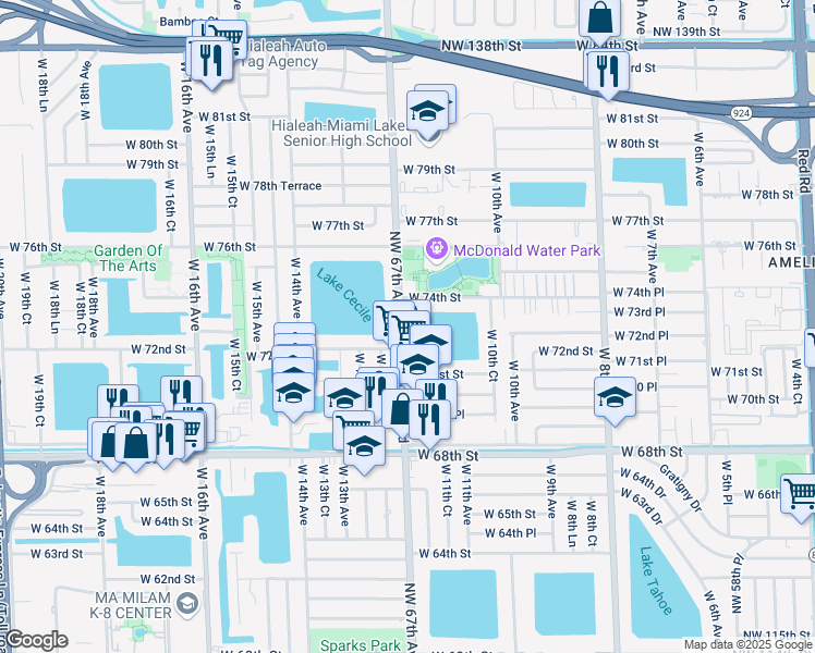 map of restaurants, bars, coffee shops, grocery stores, and more near 7200 West 11th Court in Hialeah