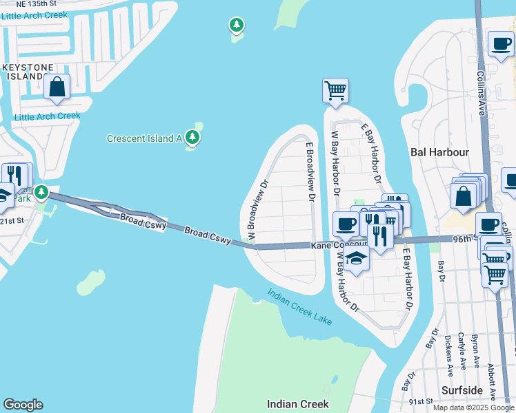 map of restaurants, bars, coffee shops, grocery stores, and more near 9814 West Broadview Drive in Bay Harbor Islands