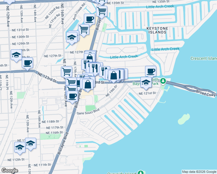 map of restaurants, bars, coffee shops, grocery stores, and more near 12150 Northeast 19th Avenue in North Miami