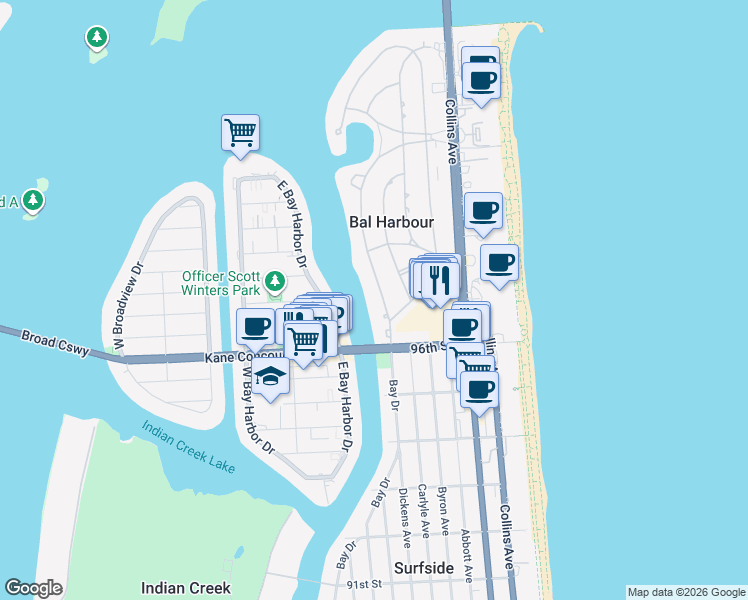 map of restaurants, bars, coffee shops, grocery stores, and more near 44 Bal Bay Drive in Bal Harbour