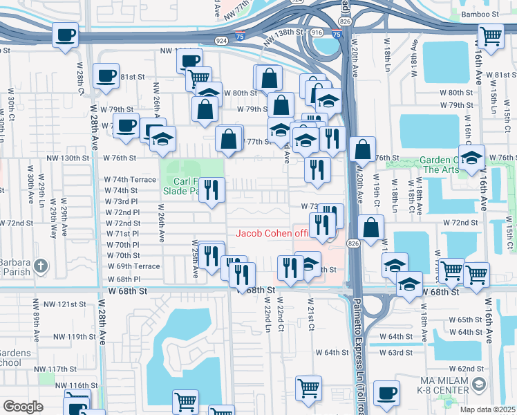 map of restaurants, bars, coffee shops, grocery stores, and more near 174 West 72nd Place in Hialeah