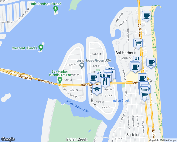map of restaurants, bars, coffee shops, grocery stores, and more near 1150 98th Street in Bay Harbor Islands