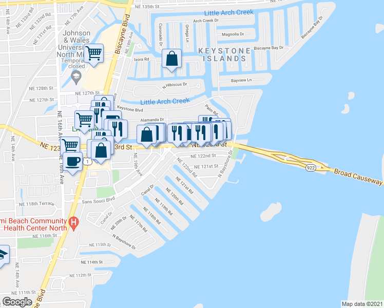 map of restaurants, bars, coffee shops, grocery stores, and more near 2120 Northeast 122nd Street in North Miami