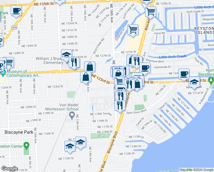 map of restaurants, bars, coffee shops, grocery stores, and more near 1550 Northeast 123rd Street in North Miami