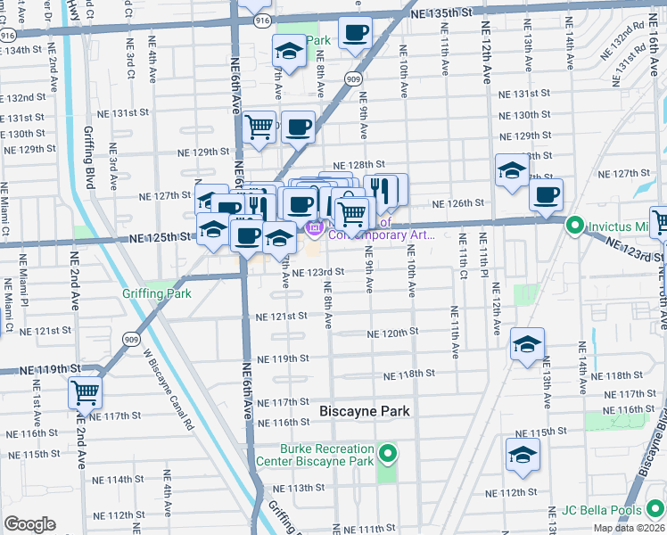 map of restaurants, bars, coffee shops, grocery stores, and more near 795 Northeast 123rd Street in North Miami