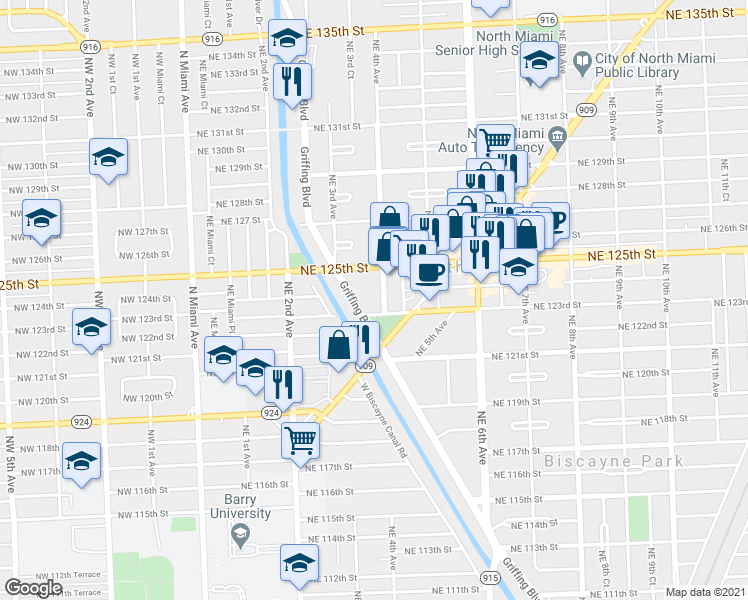 map of restaurants, bars, coffee shops, grocery stores, and more near 12301 Griffing Boulevard in North Miami