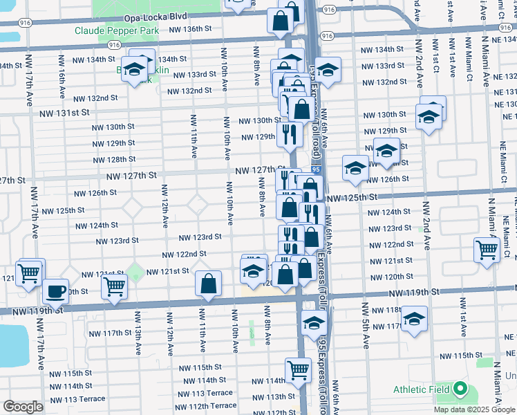 map of restaurants, bars, coffee shops, grocery stores, and more near 12415 Northwest 8th Avenue in North Miami