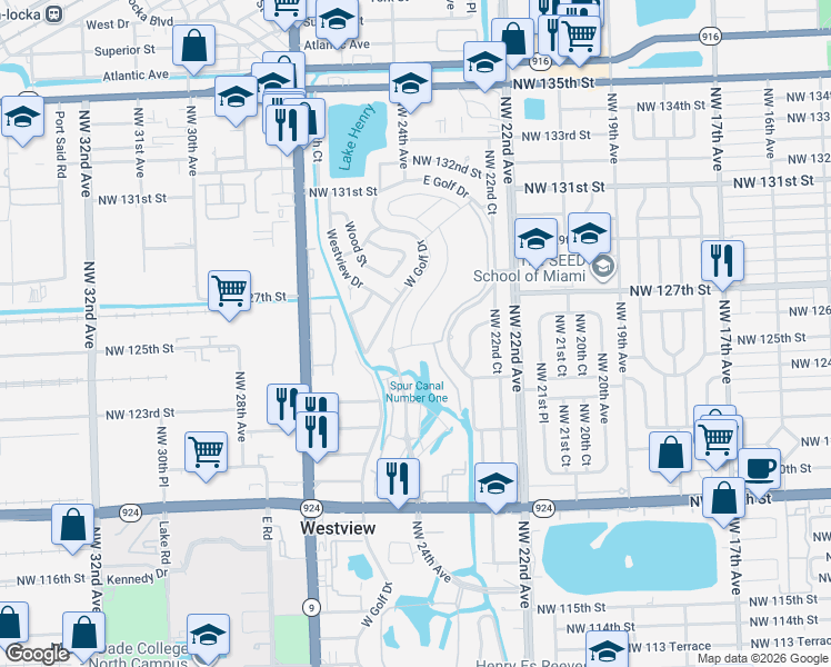 map of restaurants, bars, coffee shops, grocery stores, and more near 12530 West Golf Drive in Miami