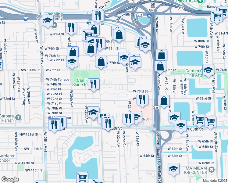 map of restaurants, bars, coffee shops, grocery stores, and more near 174 West 72nd Place in Hialeah