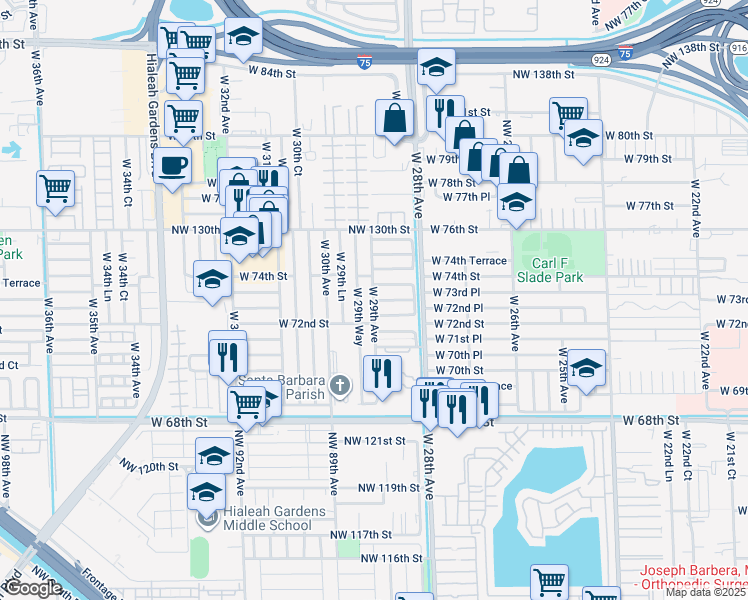 map of restaurants, bars, coffee shops, grocery stores, and more near 2883 West 72nd Terrace in Hialeah