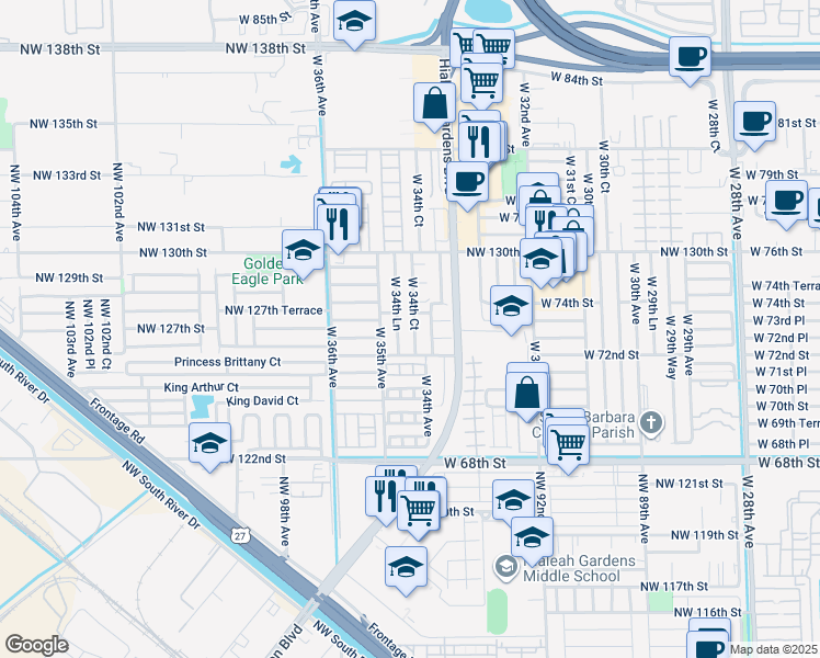 map of restaurants, bars, coffee shops, grocery stores, and more near 7270 West 34th Lane in Hialeah