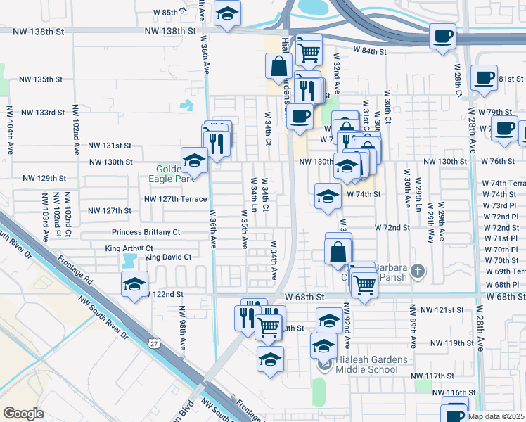map of restaurants, bars, coffee shops, grocery stores, and more near 7270 West 34th Lane in Hialeah