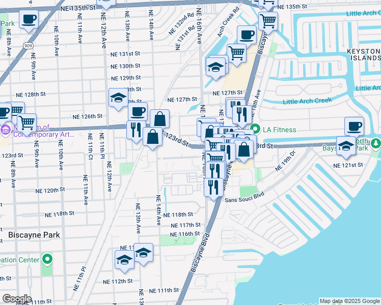 map of restaurants, bars, coffee shops, grocery stores, and more near 1550 Northeast 123rd Street in Miami